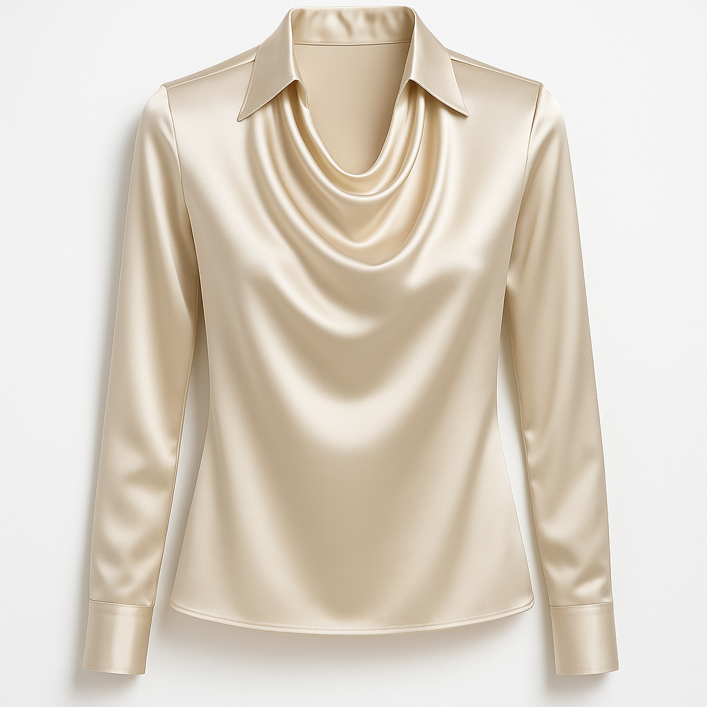 Luna - Skinnende bluse med plisseret hals – chik & tidløs