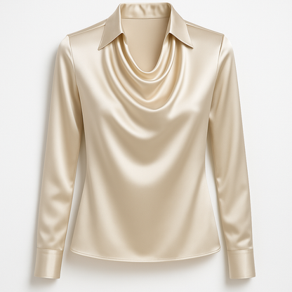 Luna - Skinnende bluse med plisseret hals – chik & tidløs